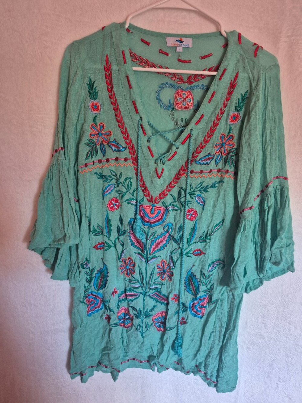 Sunny Oceans Turquoise Embroidered Tunic Top L Boho Festival Resortwear Vacation